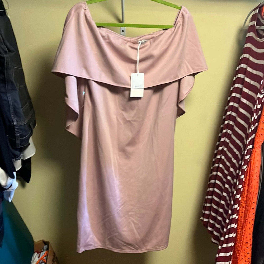 Lite pink off shoulder dress.